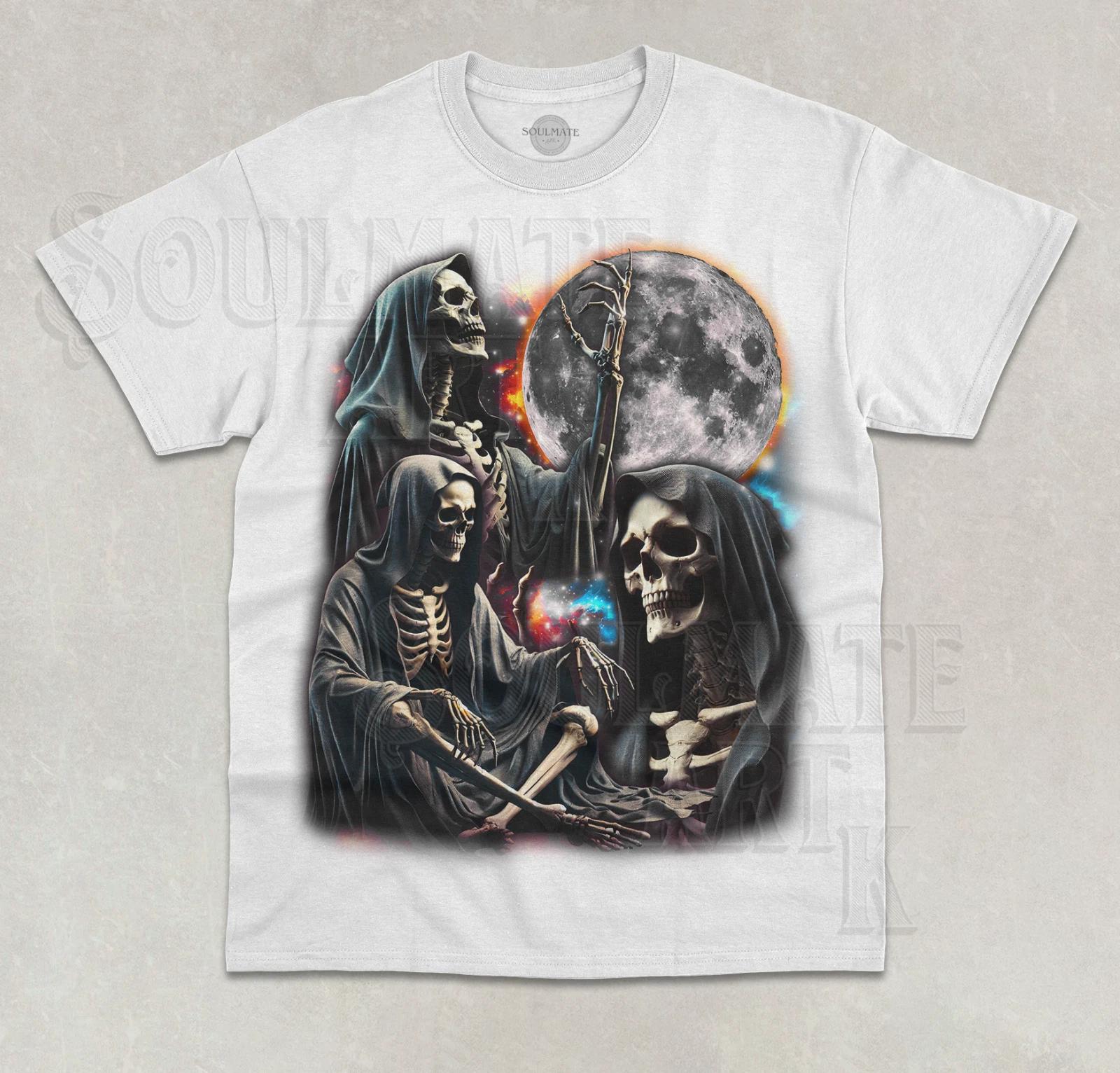 Three Skeletons Moon T-Shirt Funny Evil Skeleton Meme Unisex Graphic Shirt XL