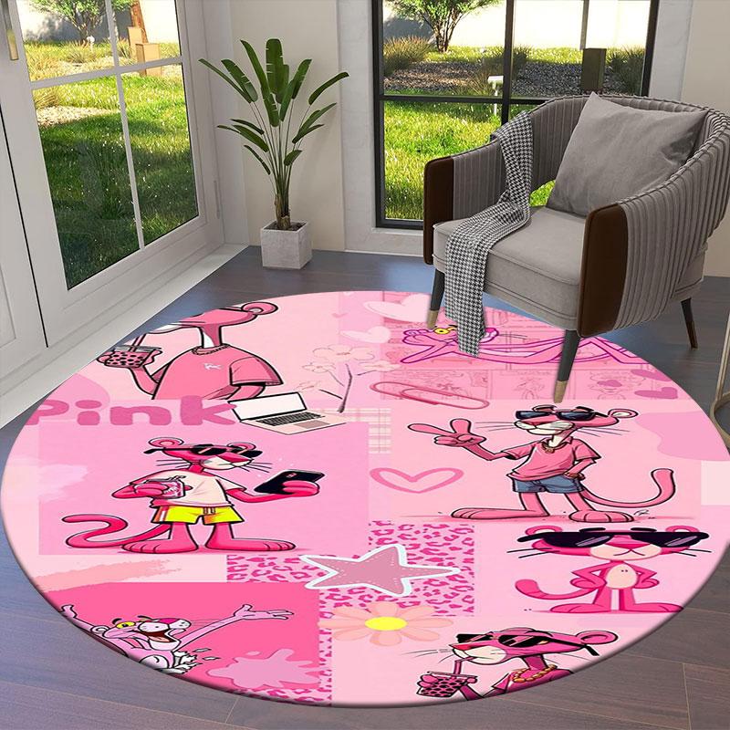 Pink Panther Round Area Rug,Carpet Rug for Living Room Bedroom Sofa Playroom Decor,Non-slip Floor Mat