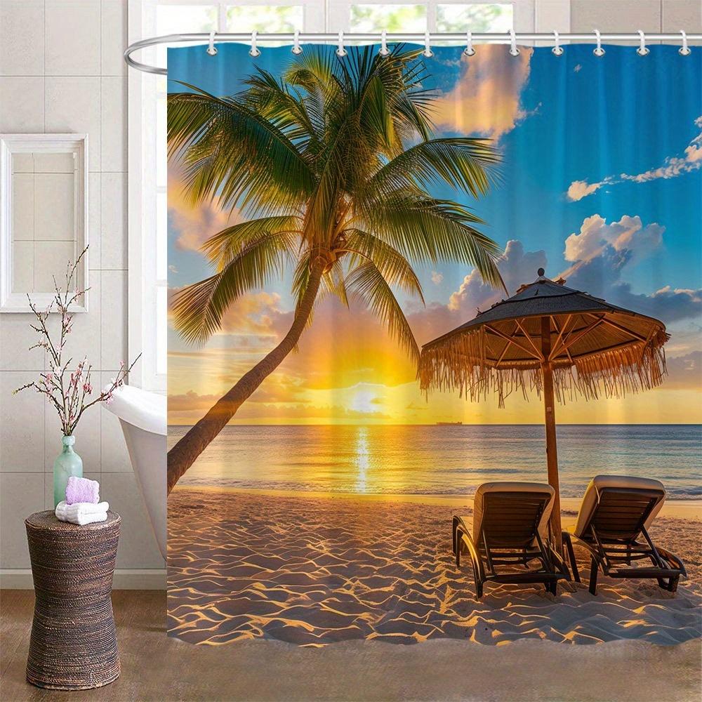 Tropical Sunset Beach Bath Curtain - Palm Tree & Lounge Chairs; Waterproof Home Decor Adds Vacation Vibes to Your Bathroom