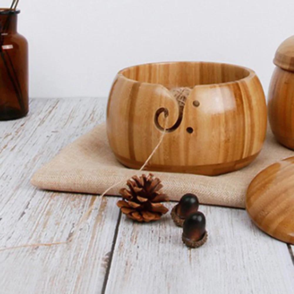 With Handmade Holes Woolen Knitting Storage Basket Wooden Yarn Bowl Wool Holder Organizer Knitting Crochet Weaving Tools