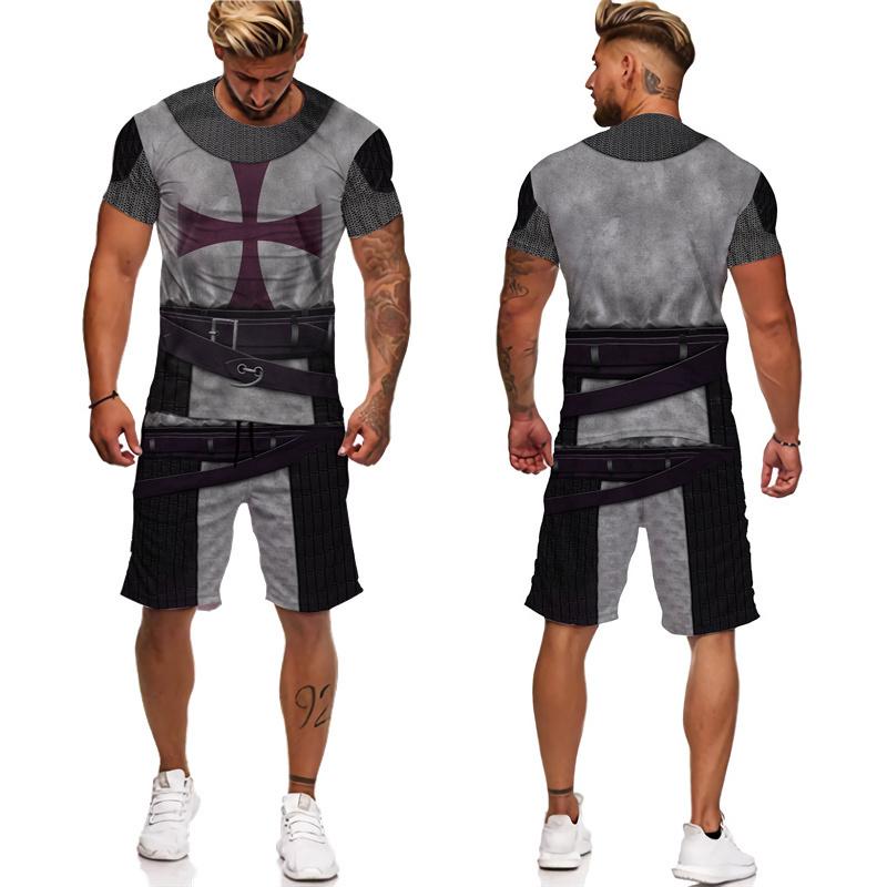 Cool Men's Knight Templar 3D Print Tees/Shorts/Sets Retro Warrior Armor Cosplay Outfits T-Shirt Suit Hip Hop Streetwear Clothing