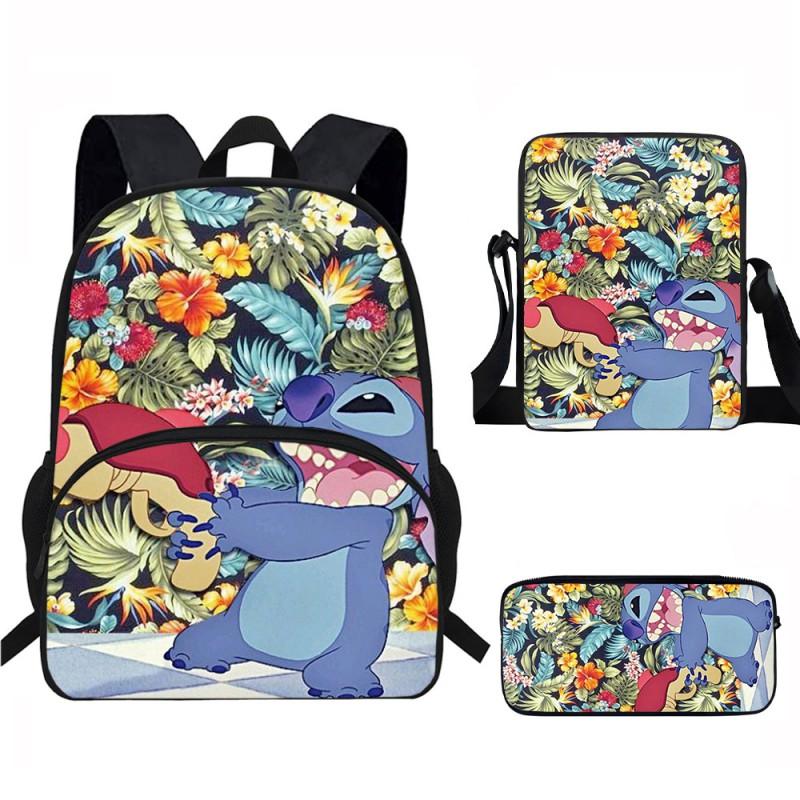 Stitch Kids School Backpack Set Elementary Students Oxford Fabric Ergonomic Design Printed Cartoon 3-Piece Bundle