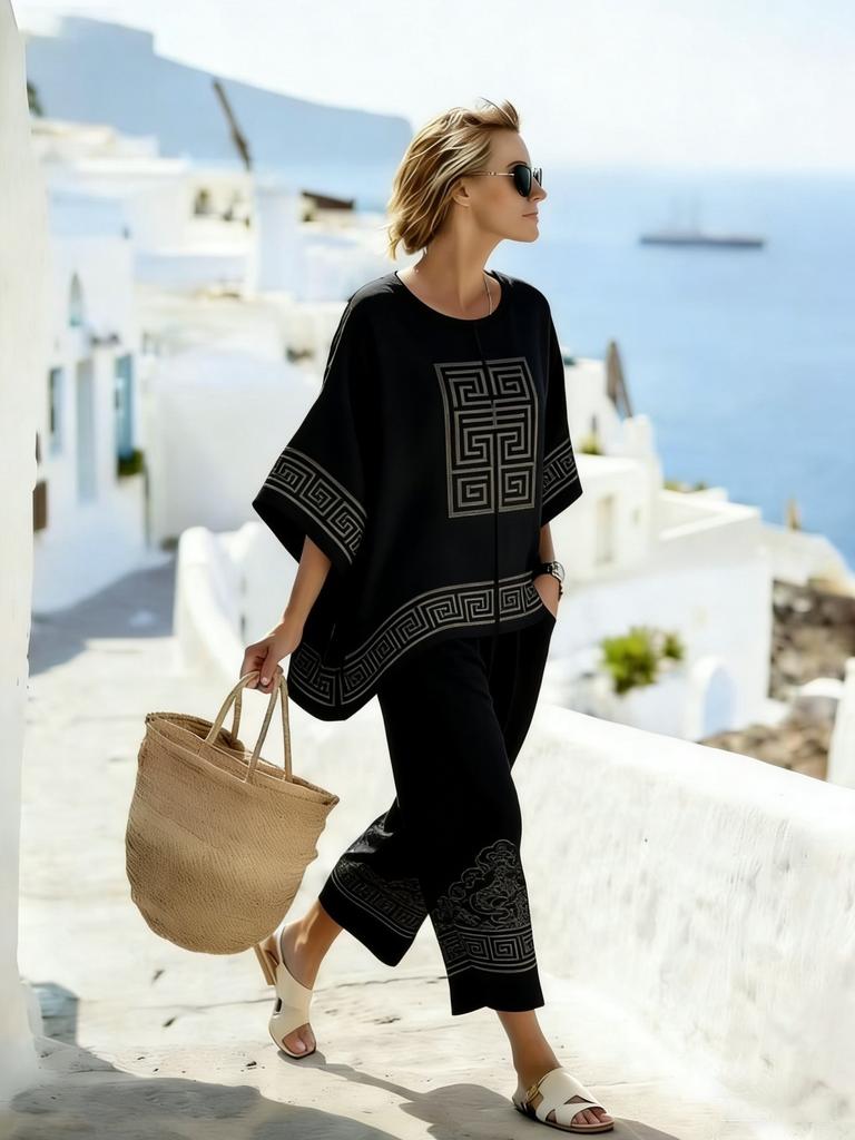 26 Summer Crew Neck Bat Sleeve Printed Two-piece Set Women's Loose Casual Top High Waist Wide Leg Pants Vacation Style Set