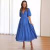 Women's Bohemian Long Dress Deep V Neck Puff Short Sleeve Swing Dress Summer Tiered Flowy A Line Midi Dress