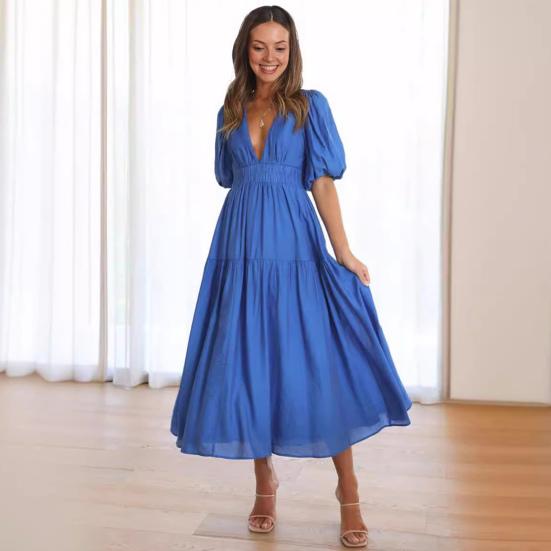 Women's Bohemian Long Dress Deep V Neck Puff Short Sleeve Swing Dress Summer Tiered Flowy A Line Midi Dress