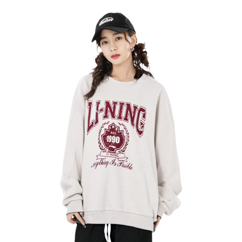 Li-Ning Sports Lifestyle Series Letter Number Print Crew Neck Pullover Sweatshirt Unisex Sweatshirt Flower-Gray Tile-Gray AWDTB59-6