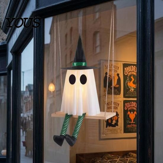Decorative Gauze Ghost Set Halloween Hanging Swinging Decoration, Spooky Light Up Swing Scene Props with Witch Hat for Outdoor Yard,