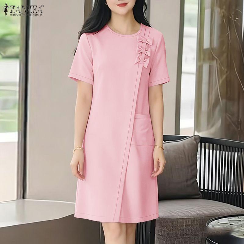 ZANZEA Women Bows Splice Summer Casual Round Neck Short Sleeve Dress