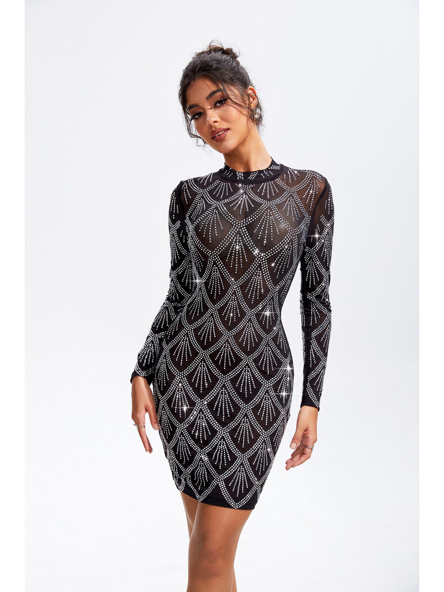 

Элегантное платье с длинным рукавом и горячей вышивкой для женщин L чёрный