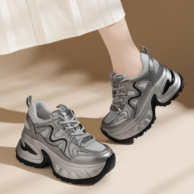 Genuine Leather Comfortable and High-end Dad Shoes for Women In Spring and Autumn New Versatile Thick Sole Lightweight Mesh Casual Sports Shoes