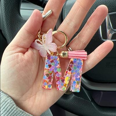 Pink Letter Keychain Heart Sequin Butterfly Tassel Keychain  Epoxy Pendant Accessory For Women