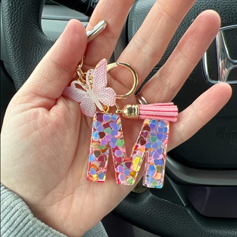 Pink Letter Keychain Heart Sequin Butterfly Tassel Keychain Epoxy Pendant Accessory For Women