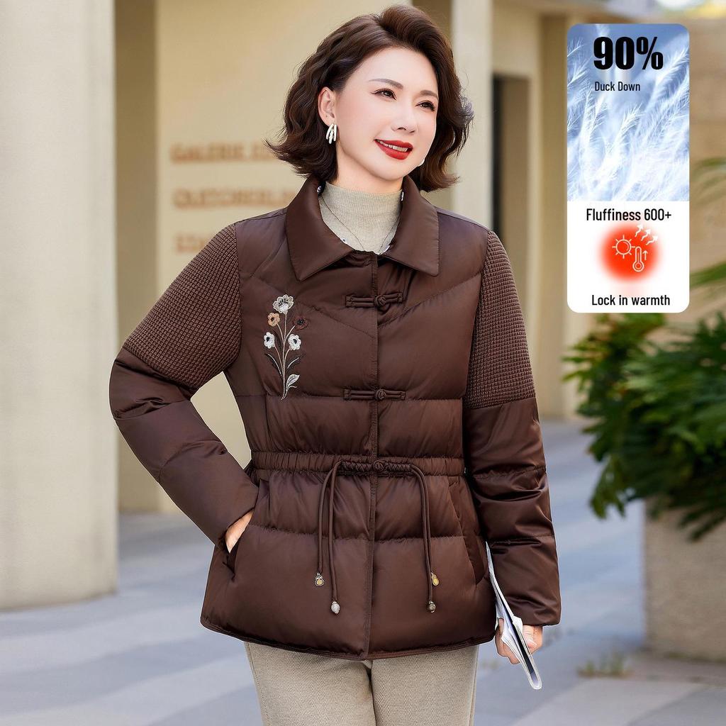 Mom's Winter Fashionable Embroidered Down Jacket with Wool Collar for Middle-Aged and Elderly Women