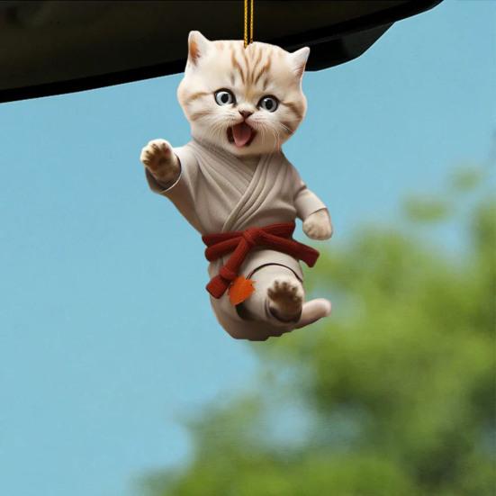 Car Pendant with Lanyard Easy To Hang Kung Fu Cat Design Auto Rearview Mirror Ornament Animal Pendant Car Interior Accessories