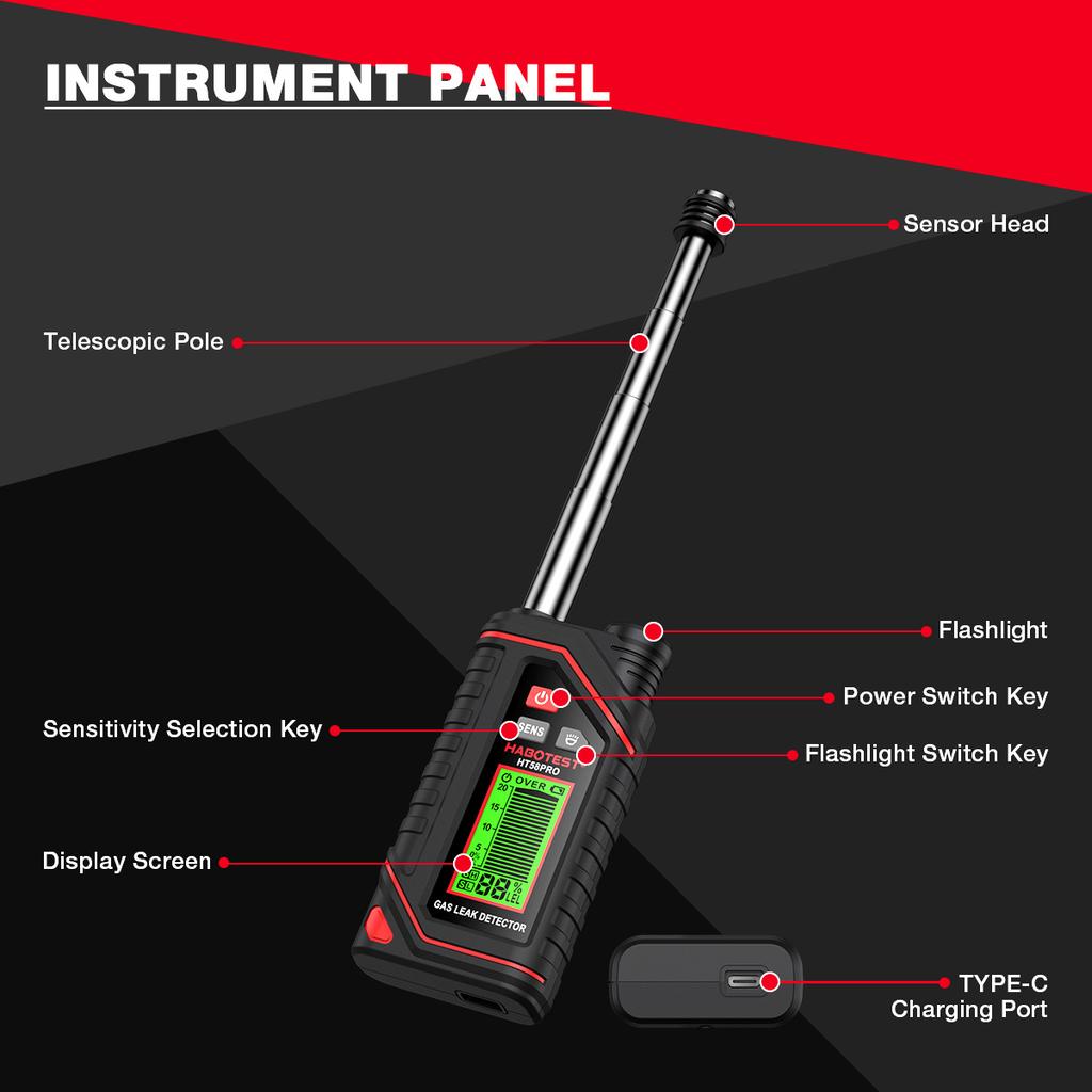 HT58PRO Gas Leak Detector Natural Gas Detector Sound & Light Alarm 0-9999ppm Portable Combustible Gas Detector Extendable Probe