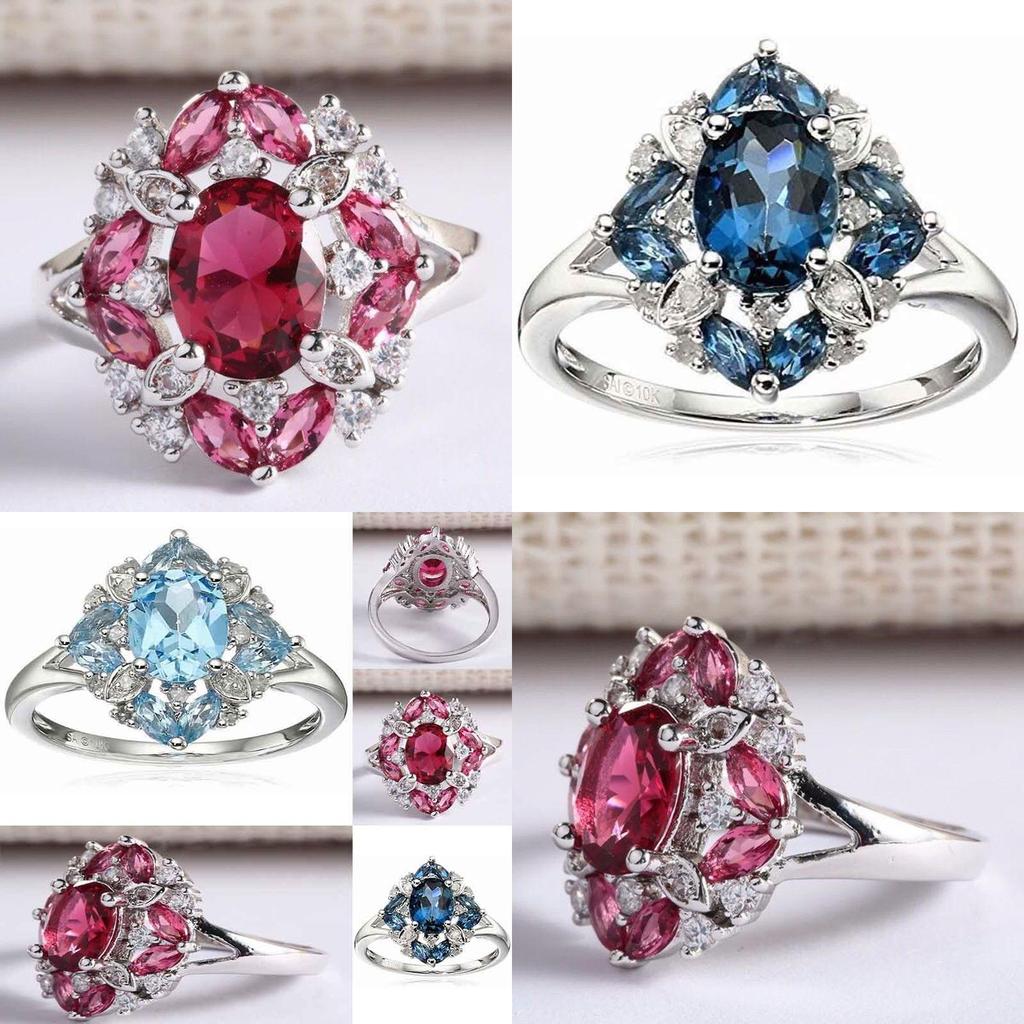 Magnificent Silver Plated Rings With Oval Cut Natural Blue Sapphire And Rhinestones