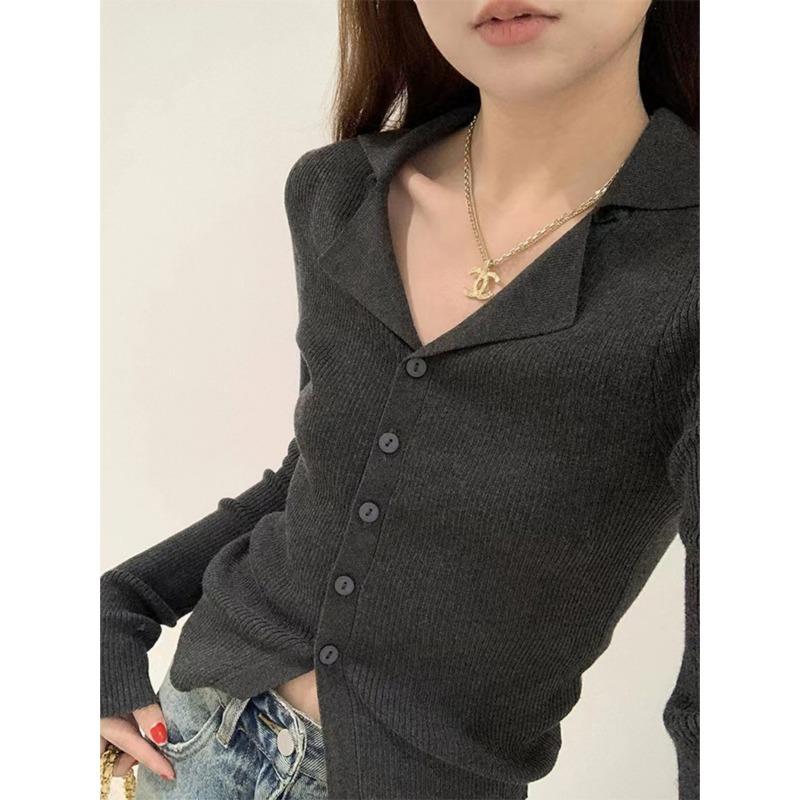 Chic polo lapel knitted sweater spring waist thin Spice girl style long-sleeved sweater temperament top
