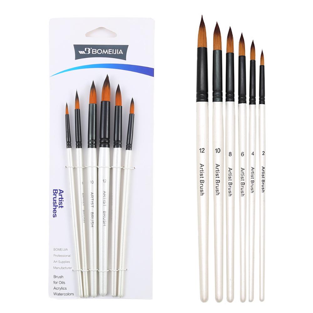 Six-Piece Nylon Hair Paintbrush Set with Pointed and Flat Heads for Acrylic, Watercolor, and Oil Painting - Pearlescent White