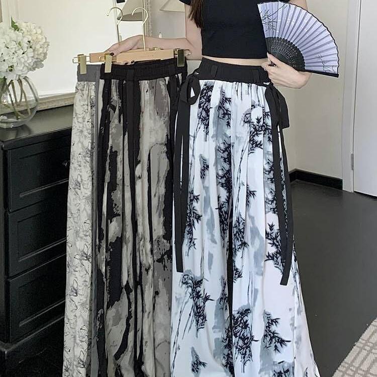 Plus Size Chinese Ink Painting High Waist Wide Leg Summer Skirt-Pants for Women