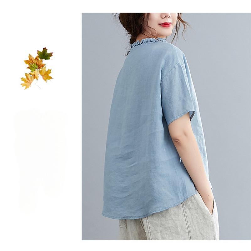 Summer Casual Loose Pure Color Cotton and Linen Embroidered Flower Top Round Neck Short Sleeve Women’s T-Shirts