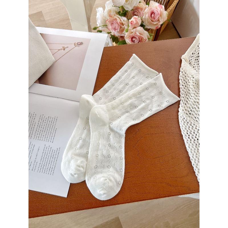 Ladies Summer Breathable Comfortable Dark Mesh Ballet Style Boneless White Medium Tube Stack Socks