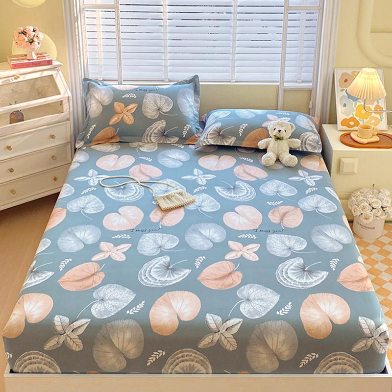 Leaf Printed Fitted Sheet with Elastic Band Skin-friendly and Breathable Single/Queen Bedsheet Soft Bedding (without pillowcase)