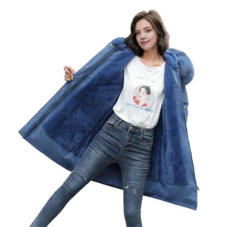 

Winter Warm Women Fleece Lined Parka Thick Fuzzy Faux Fur Hooded Down Jacket Drawstring Sherpa Coat with Pockets L синий