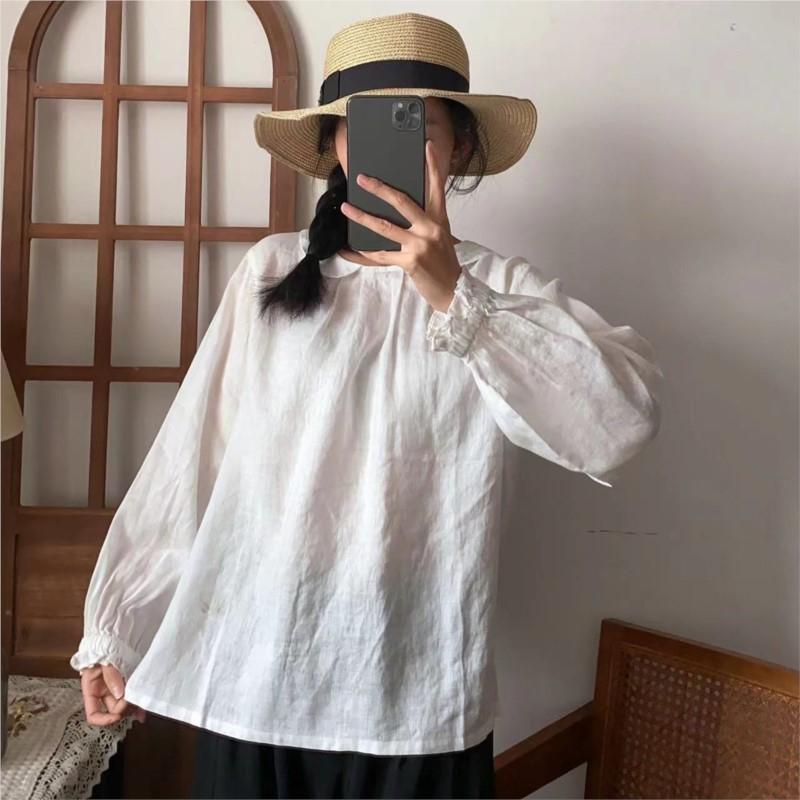 Johnature Ohrnovací límec Ležérní Dámské halenky Jaro Léto Vintage Lněné Volné Knoflíky Jednoduché Dámské košile Topy