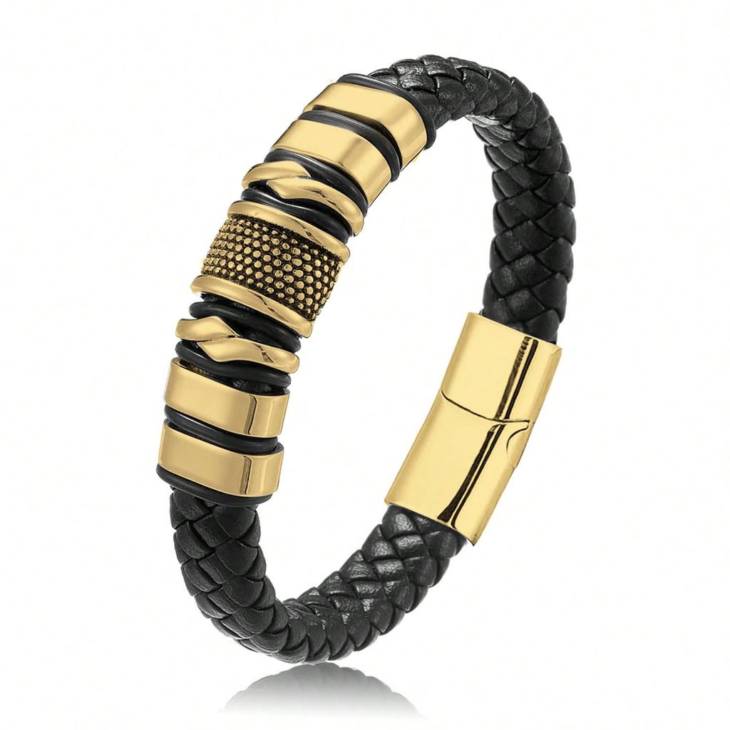 European and American Men's Personalized Leather Bracelet, Black Leather Stainless Steel Men's Jewelry Bracelet