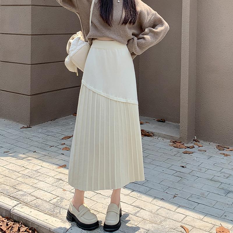 Black Knit Skirt Female Autumn and Winter High Waist A-line Skirt Long Slim Irregular Pleated Skirt