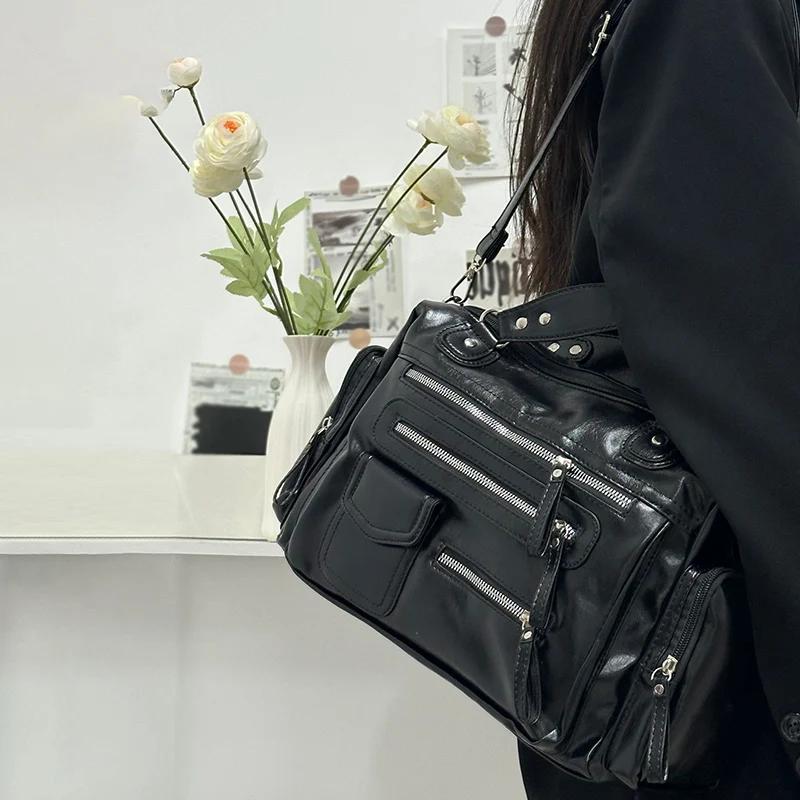 Retro Tote Bag PU Soft Motorcycle Bags Travel Zipper Pocket Fashi Crossbody Pack Outdoor Camping Hiking Weekend Satchel Women