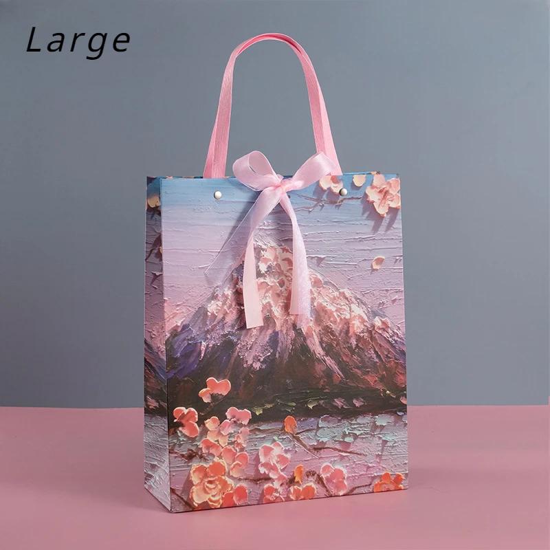 Snow Mountain Cherry Blossom Gift Bag, Exquisite Cosmetics Handbag, Bow Packaging Shopping Bag