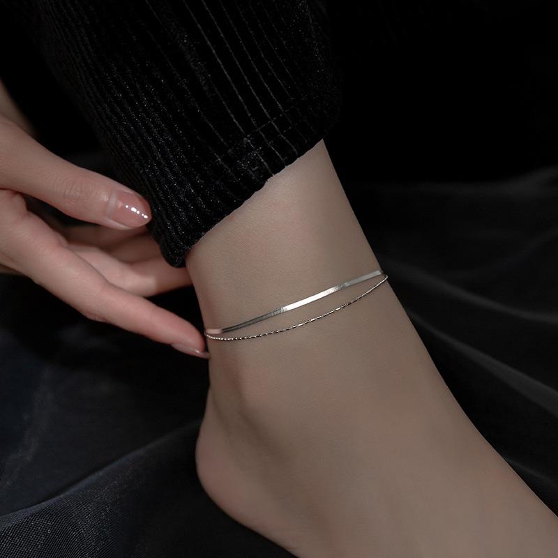 Women Foot Anklet 925 Sterling Silver Double Layer Snake Chain Anklets Jewelry серебряный