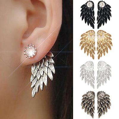 Women Retro Gothic Cool Jewelry Angel Wing Rhinestone Ear Jacket Earrings
