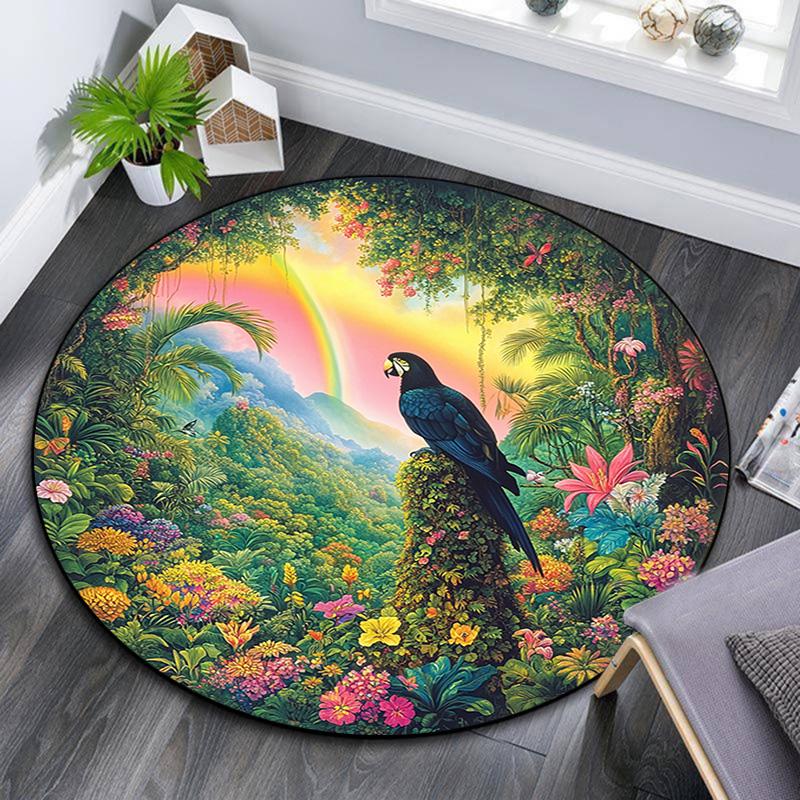

Rainbow Parrot Jungle Round Area Rug,Carpet Rug for Living Room Bedroom Sofa Playroom Decor,Non-slip Floor Mat 80cmx80cm