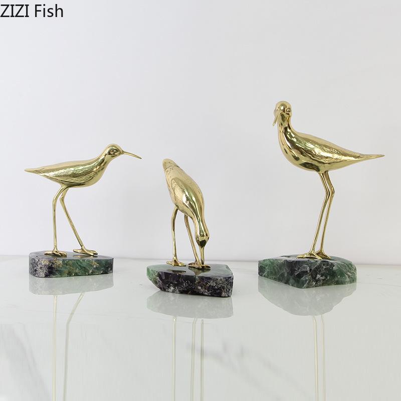 Golden Brass Bird Crafts Marble Base Creative Ornaments Desk Decoration Gold-plated Bird Artwork Statue Room Aesthetic Decor