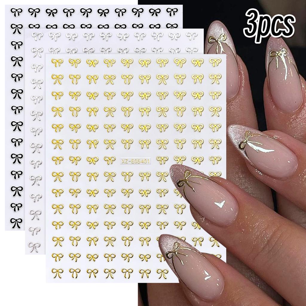 3PCS Cute Mini Bowknot Nail Stickers 3D Black Gold SilverSweet Ribbon Nail Decals Self‑Adhesive Bow Nail Slider Supplies 8*10cm