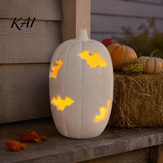 Verlichte Pompoen Beeldje Halloween Hars Figuur, Vleermuis Uitgesneden Lantaarn met Seizoensgebonden Bureau Centerpieces Warm Licht, Spookachtig Binnen Buiten Huis