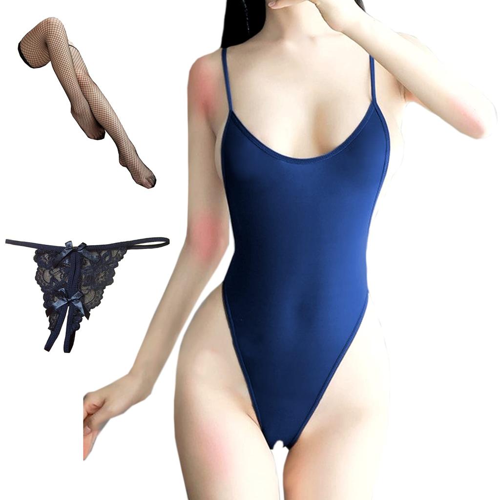 Super [OLYOLY] 3-piece Set, Perforated, High-cut Leotard, See-through, Mature, Extreme, Sexy, Cosplay, Knee-high, T-back (05, Blue)