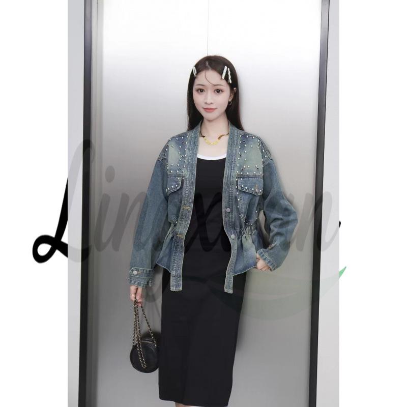 Autumn Korean Retro V-Neck Beaded Denim Jacket for Women One Size синий