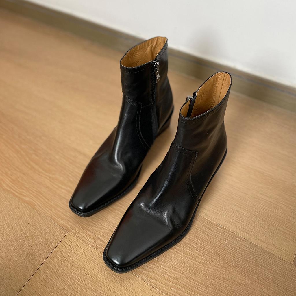 Bootie Women's 2025 New Retro Washed Cowhide Small Square Head Thick Heel Western High Heel Boots British Brown Women's Ankle