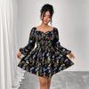 Mini Dress with A Square Neckline, Open Back and Puff Sleeves In A Floral Print