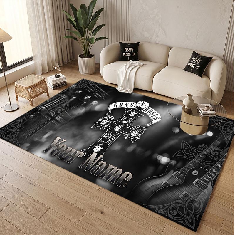 Custom Rug Guns N’ Roses Pattern Print Name Text Soft Non‑Slip Floor Carpet for Home Indoor Decoration