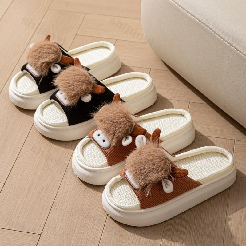 Fashion Cute Cartoon Cow Women Slippers Comfortable Platform Spring Couple Home Slippers Ladies Fashion Linen Indoor Slipper Wholesale