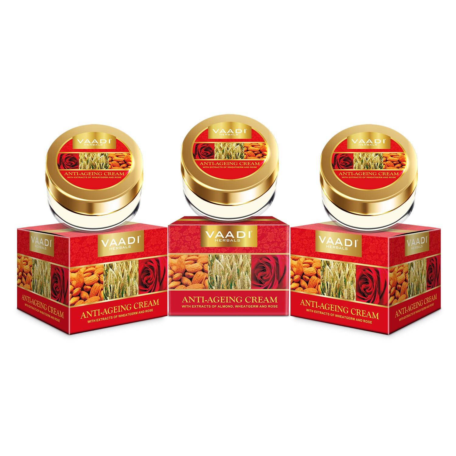 Vaadi Herbals Value Anti Ageing Cream, Almond Wheatgerm Oil and Rose, 30g x 3