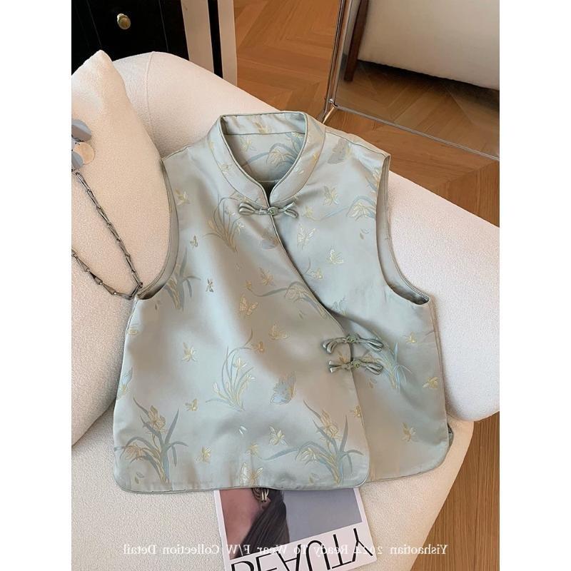 

Жилет женский 2025 новый улучшенный вышитый косая планка пряжка без рукавов верхняя одежда 3XL (recommended 138-75 kg)