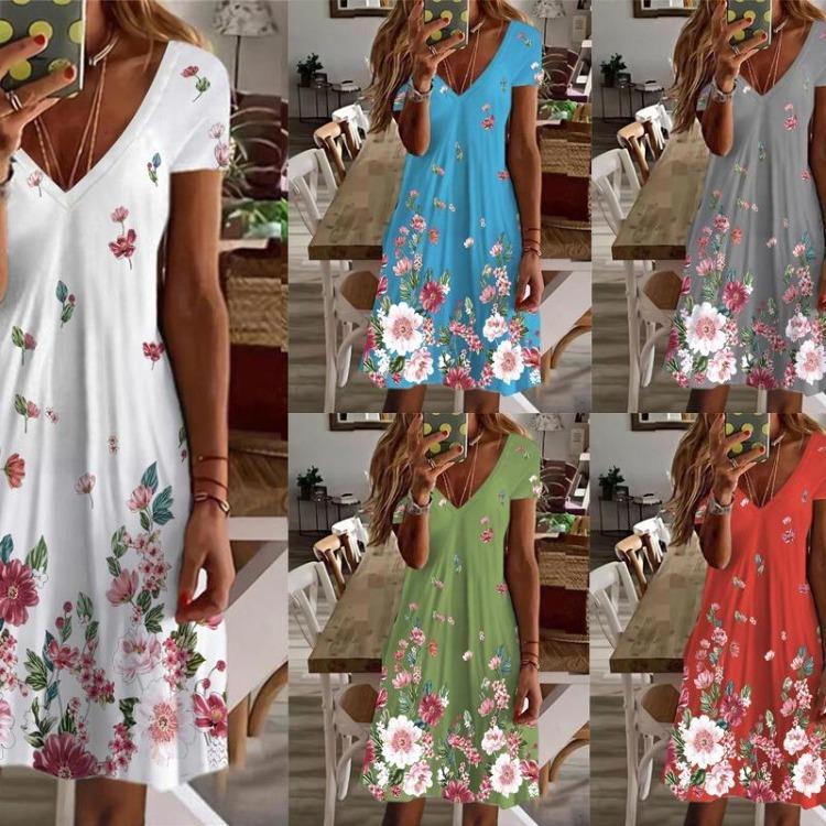 Women Summer Casual Floral Print V Neck One Piece Dress Holiday Beach Wear