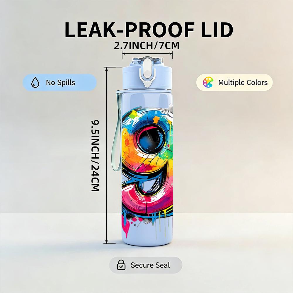 1PC Splash Color Large Number Nine Art 750ml Color Plastic Water Bottle Leakproof Flip Straw Lid For Sports Office Home Use