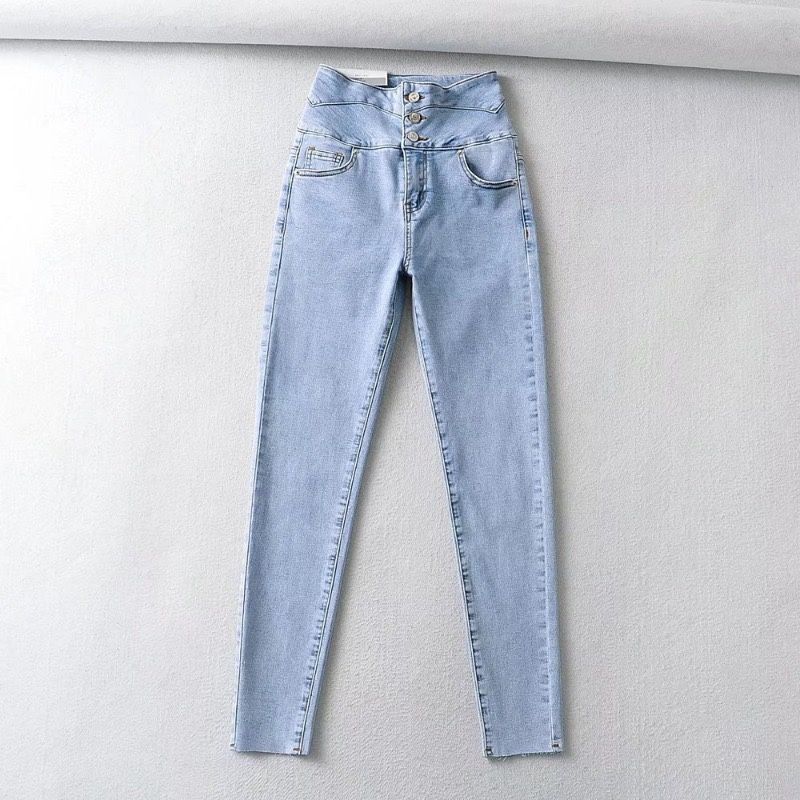 

Women s High-Waist Three-Button Solid Color Stretch Pencil Pants Light Blue M