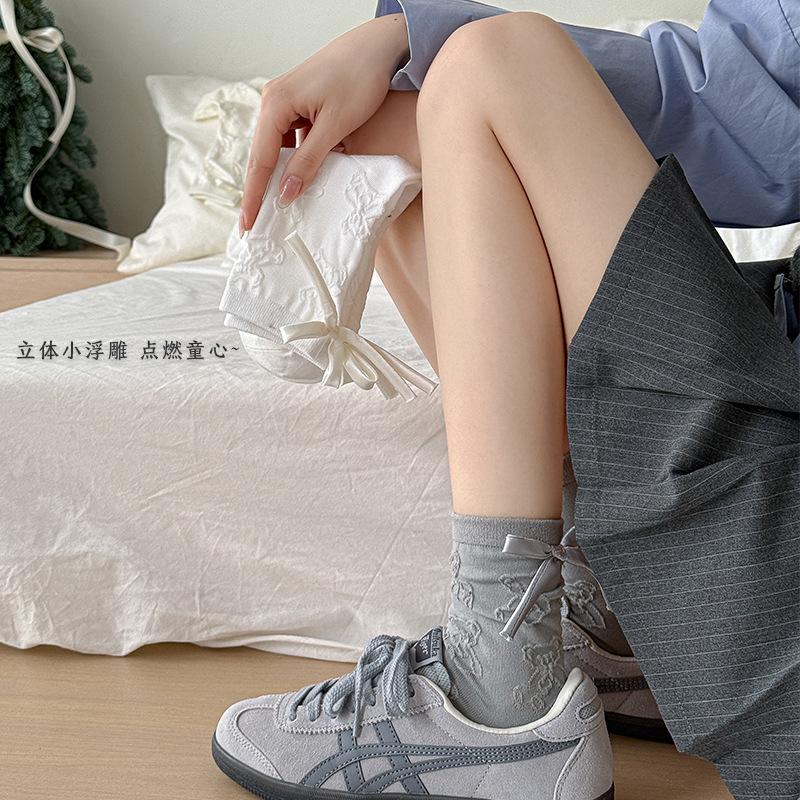 1 Pair Japanese Grey Bow 3D Bear Calf Socks Kawaii Vintage Seamless Pile Loose Socks for Girl Spring Summer Thin Casual Socks
